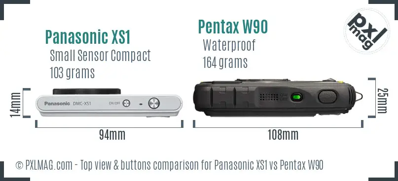 Panasonic XS1 vs Pentax W90 top view buttons comparison