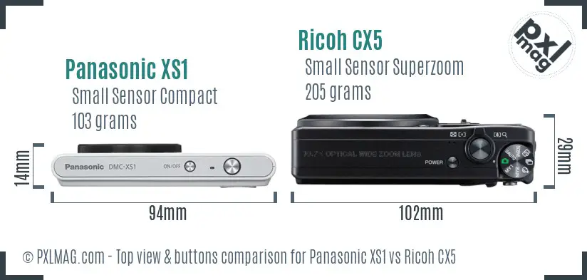 Panasonic XS1 vs Ricoh CX5 top view buttons comparison