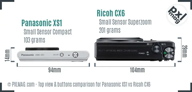 Panasonic XS1 vs Ricoh CX6 top view buttons comparison