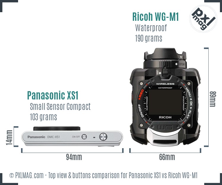 Panasonic XS1 vs Ricoh WG-M1 top view buttons comparison