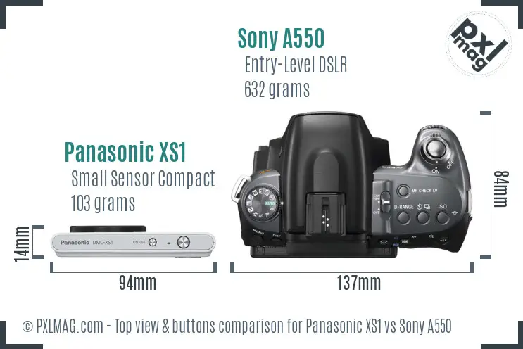Panasonic XS1 vs Sony A550 top view buttons comparison Panasonic XS1 vs Sony A550 top view buttons comparison