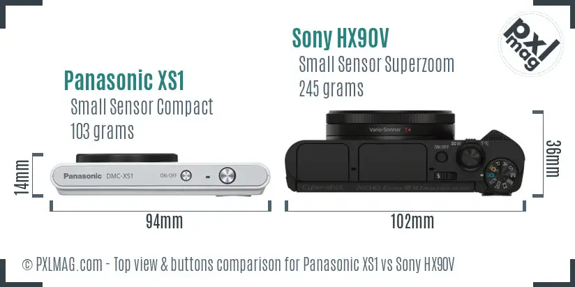Panasonic XS1 vs Sony HX90V top view buttons comparison Panasonic XS1 vs Sony HX90V top view buttons comparison
