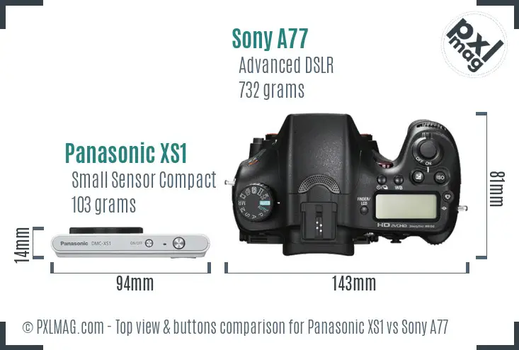 Panasonic XS1 vs Sony A77 top view buttons comparison Panasonic XS1 vs Sony A77 top view buttons comparison