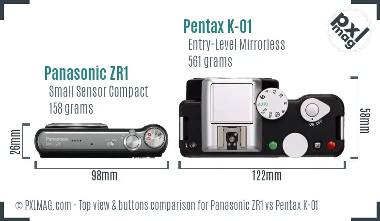 Panasonic ZR1 vs Pentax K-01 top view buttons comparison
