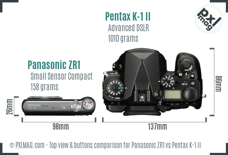 Panasonic ZR1 vs Pentax K-1 II top view buttons comparison