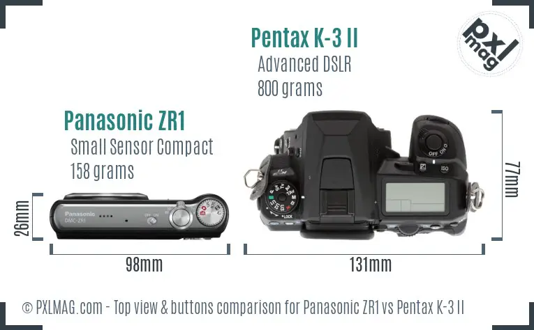 Panasonic ZR1 vs Pentax K-3 II top view buttons comparison