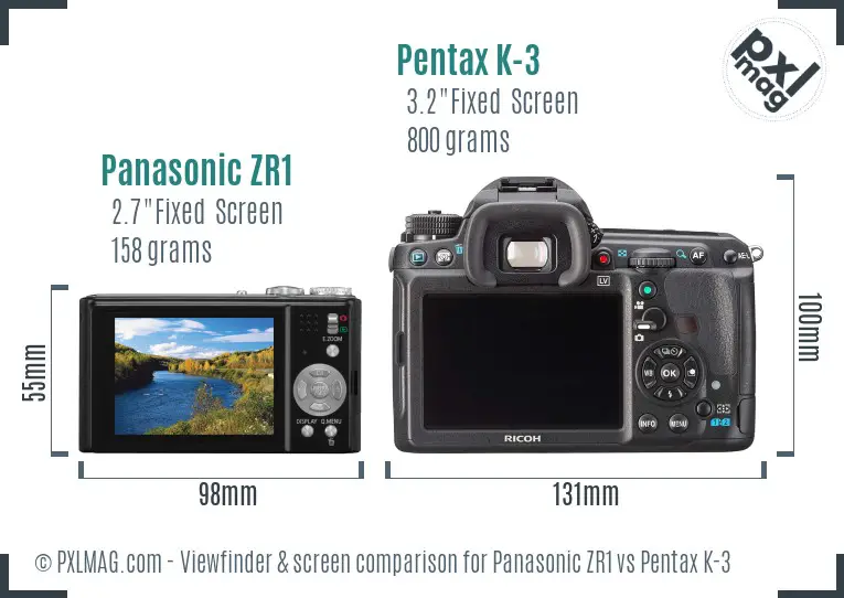 Panasonic ZR1 vs Pentax K-3 Screen and Viewfinder comparison