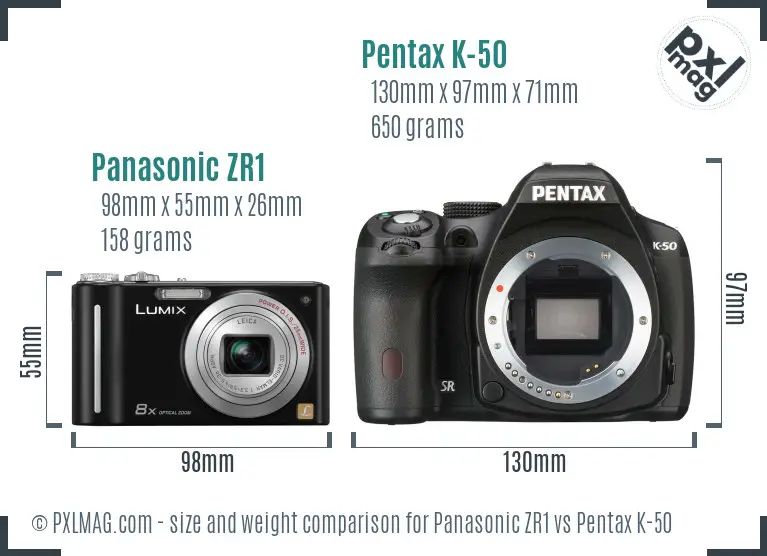 Panasonic ZR1 vs Pentax K-50 size comparison
