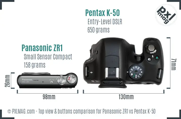 Panasonic ZR1 vs Pentax K-50 top view buttons comparison