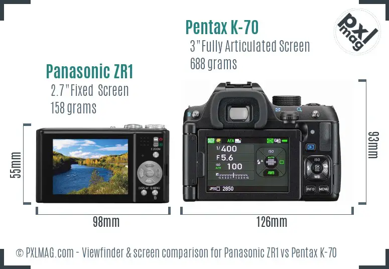 Panasonic ZR1 vs Pentax K-70 Screen and Viewfinder comparison