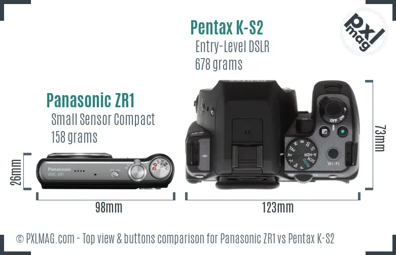 Panasonic ZR1 vs Pentax K-S2 top view buttons comparison
