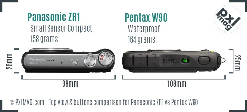 Panasonic ZR1 vs Pentax W90 top view buttons comparison
