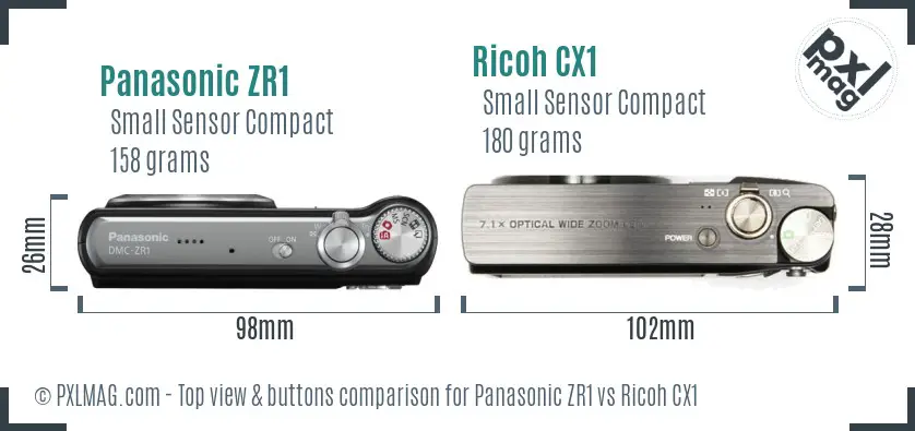 Panasonic ZR1 vs Ricoh CX1 top view buttons comparison Panasonic ZR1 vs Ricoh CX1 top view buttons comparison