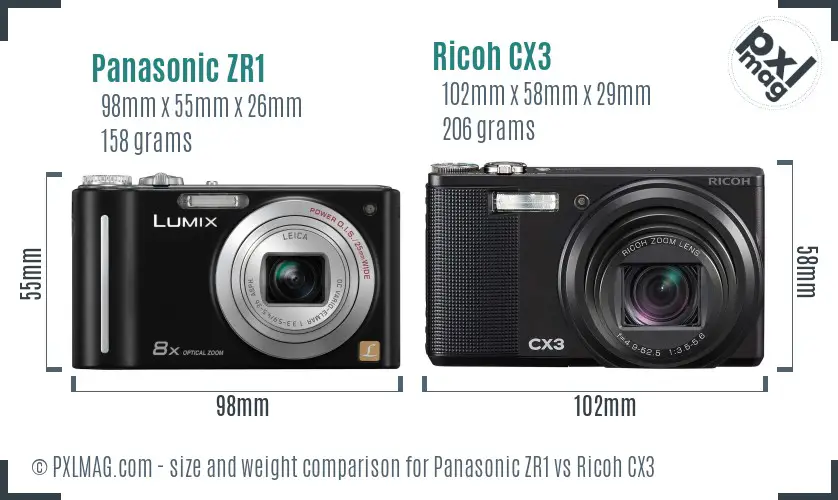 Panasonic ZR1 vs Ricoh CX3 size comparison