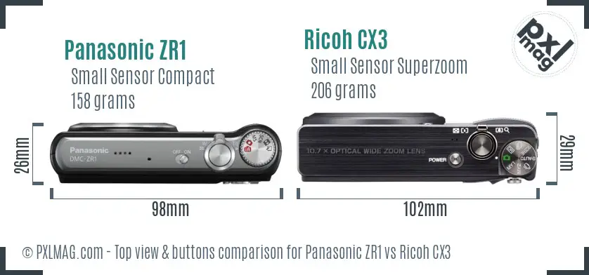 Panasonic ZR1 vs Ricoh CX3 top view buttons comparison