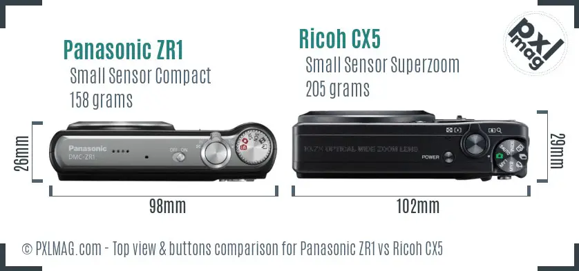 Panasonic ZR1 vs Ricoh CX5 top view buttons comparison