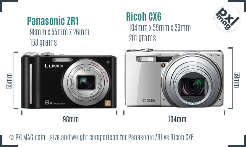 Panasonic ZR1 vs Ricoh CX6 size comparison