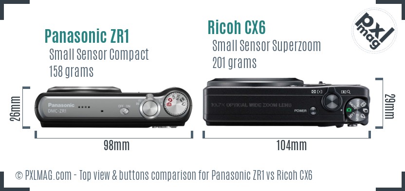 Panasonic ZR1 vs Ricoh CX6 top view buttons comparison