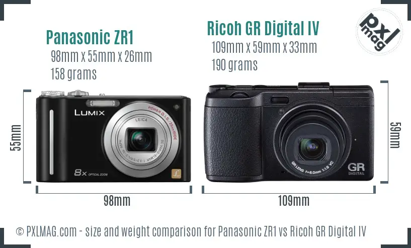 Panasonic ZR1 vs Ricoh GR Digital IV size comparison