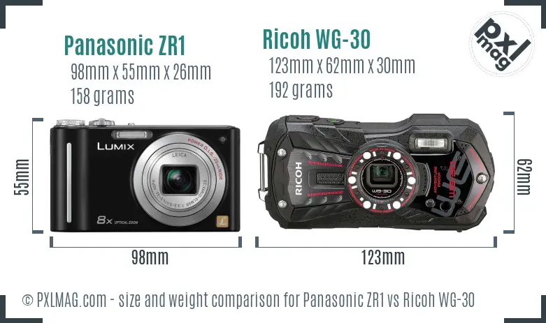 Panasonic ZR1 vs Ricoh WG-30 size comparison