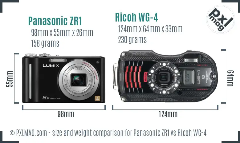 Panasonic ZR1 vs Ricoh WG-4 size comparison
