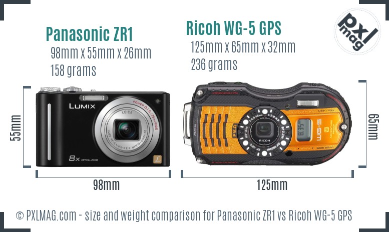 Panasonic ZR1 vs Ricoh WG-5 GPS size comparison