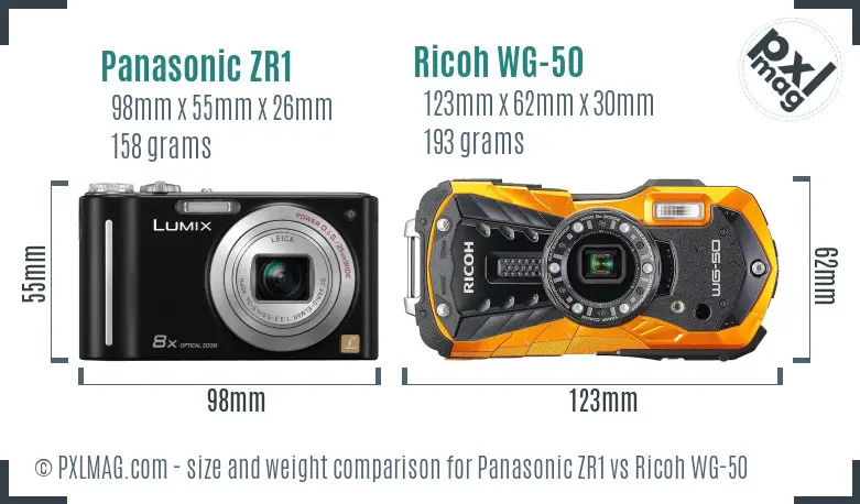 Panasonic ZR1 vs Ricoh WG-50 size comparison