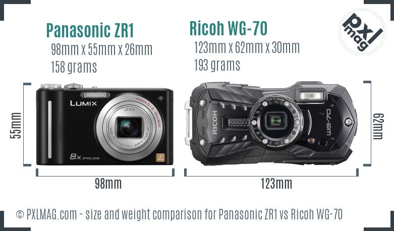Panasonic ZR1 vs Ricoh WG-70 size comparison