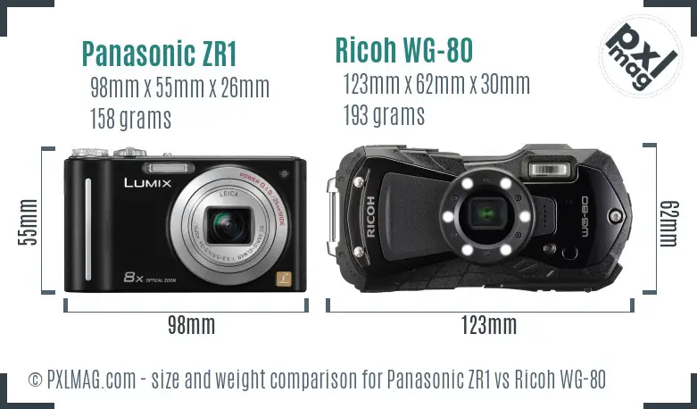 Panasonic ZR1 vs Ricoh WG-80 size comparison