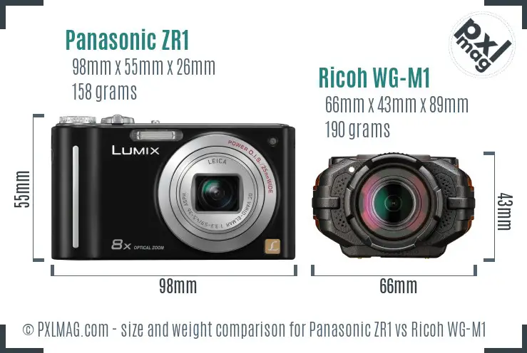 Panasonic ZR1 vs Ricoh WG-M1 size comparison