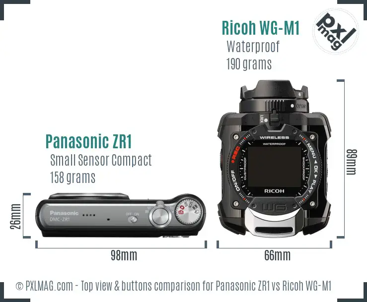 Panasonic ZR1 vs Ricoh WG-M1 top view buttons comparison