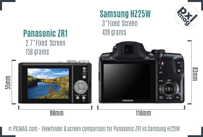 Panasonic ZR1 vs Samsung HZ25W Screen and Viewfinder comparison