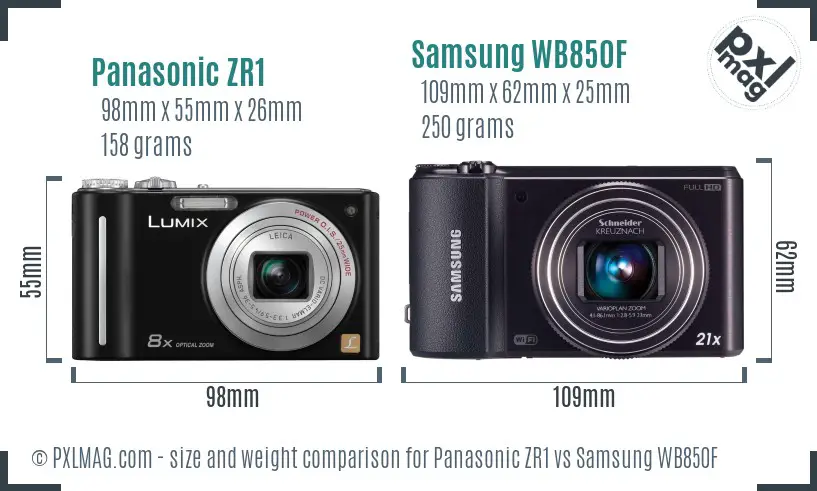 Panasonic ZR1 vs Samsung WB850F size comparison