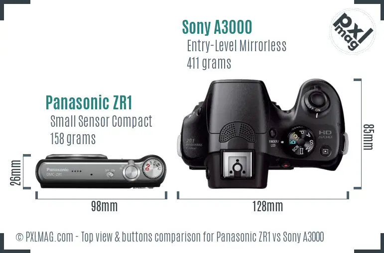 Panasonic ZR1 vs Sony A3000 top view buttons comparison