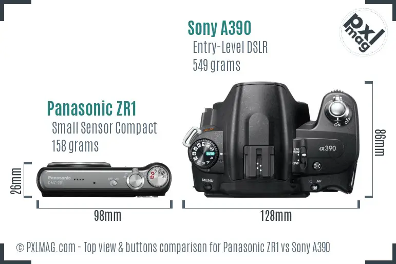 Panasonic ZR1 vs Sony A390 top view buttons comparison Panasonic ZR1 vs Sony A390 top view buttons comparison
