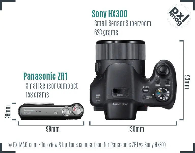 Panasonic ZR1 vs Sony HX300 top view buttons comparison