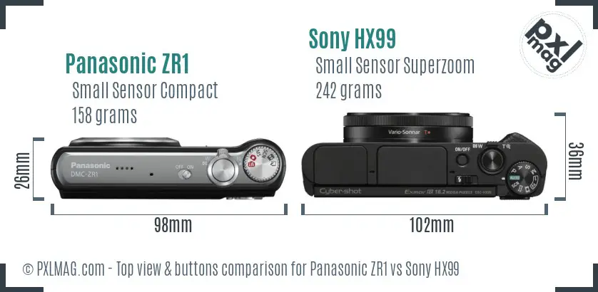 Panasonic ZR1 vs Sony HX99 top view buttons comparison