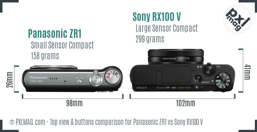 Panasonic ZR1 vs Sony RX100 V top view buttons comparison Panasonic ZR1 vs Sony RX100 V top view buttons comparison