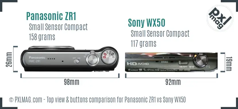 Panasonic ZR1 vs Sony WX50 top view buttons comparison