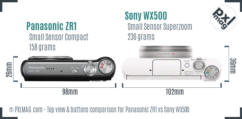 Panasonic ZR1 vs Sony WX500 top view buttons comparison