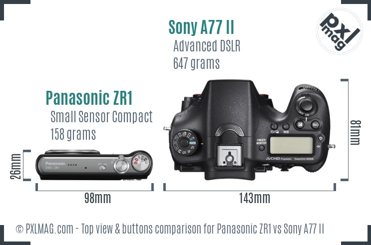 Panasonic ZR1 vs Sony A77 II top view buttons comparison