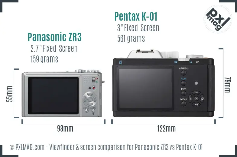 Panasonic ZR3 vs Pentax K-01 Screen and Viewfinder comparison