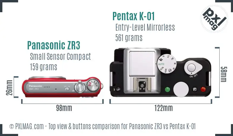 Panasonic ZR3 vs Pentax K-01 top view buttons comparison