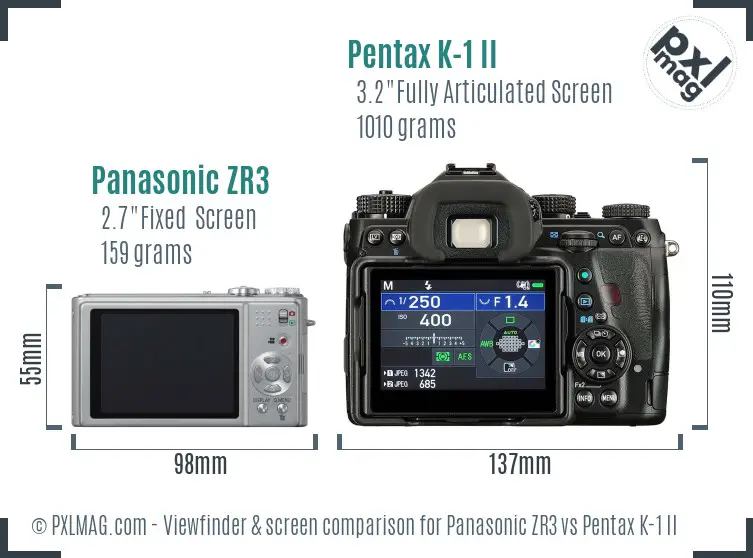 Panasonic ZR3 vs Pentax K-1 II Screen and Viewfinder comparison