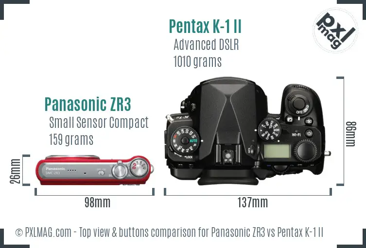 Panasonic ZR3 vs Pentax K-1 II top view buttons comparison