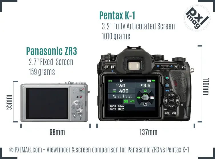 Panasonic ZR3 vs Pentax K-1 Screen and Viewfinder comparison