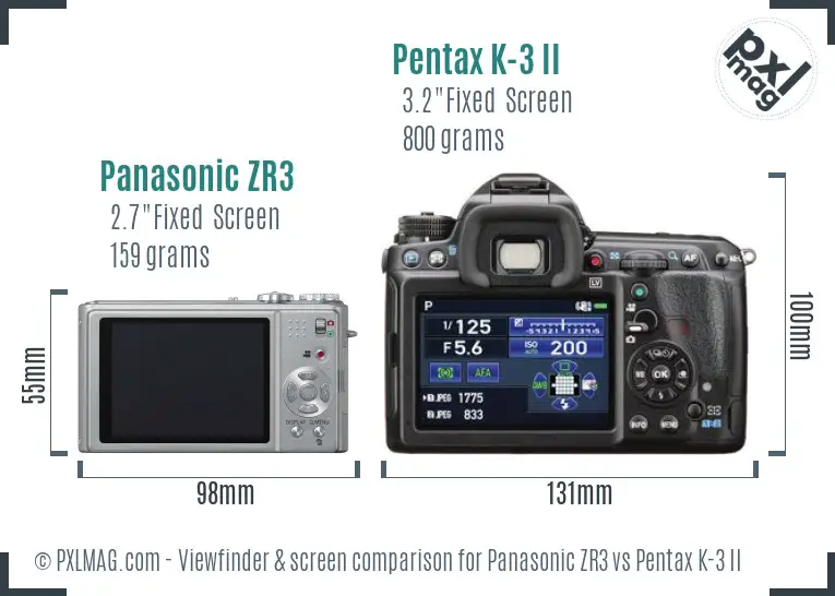 Panasonic ZR3 vs Pentax K-3 II Screen and Viewfinder comparison