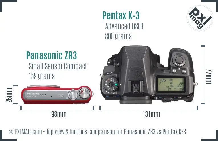 Panasonic ZR3 vs Pentax K-3 top view buttons comparison