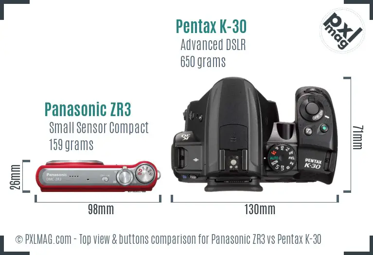 Panasonic ZR3 vs Pentax K-30 top view buttons comparison