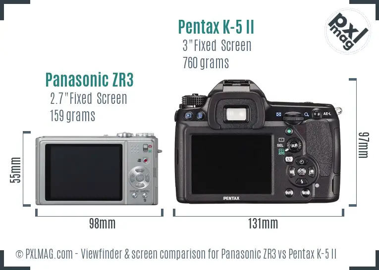 Panasonic ZR3 vs Pentax K-5 II Screen and Viewfinder comparison